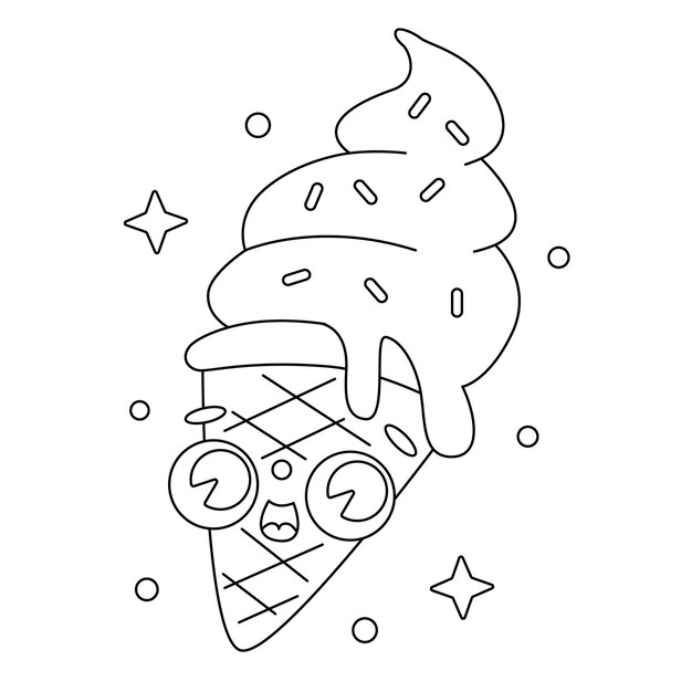 Libro de colorear de cono de helado de dibujos animados lindo vector aislado en blanco Página para colorear