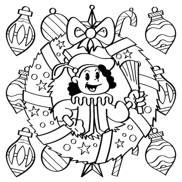 Libro para colorear Corona de Navidad con niña Decir hola Sonrisa Cara Dibujo a mano de dibujos animados Estilo vintage
