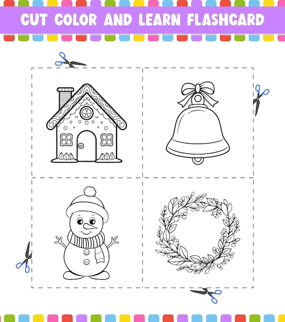 Libro para colorear Cut Color And Learn Flashcard Activity para el tema navideño del personaje de dibujos animados para niños