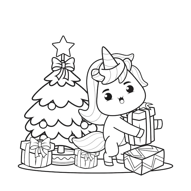 Libro para colorear día de navidad con lindo unicornio