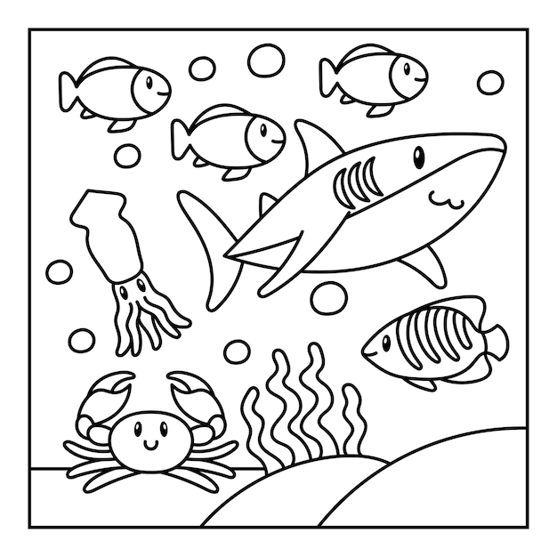 Libro para colorear dibujado a mano bajo la ilustración de animales marinos