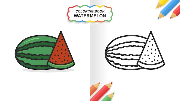 Libro de colorear dibujado a mano de sandía para aprender. Color plano listo para imprimir