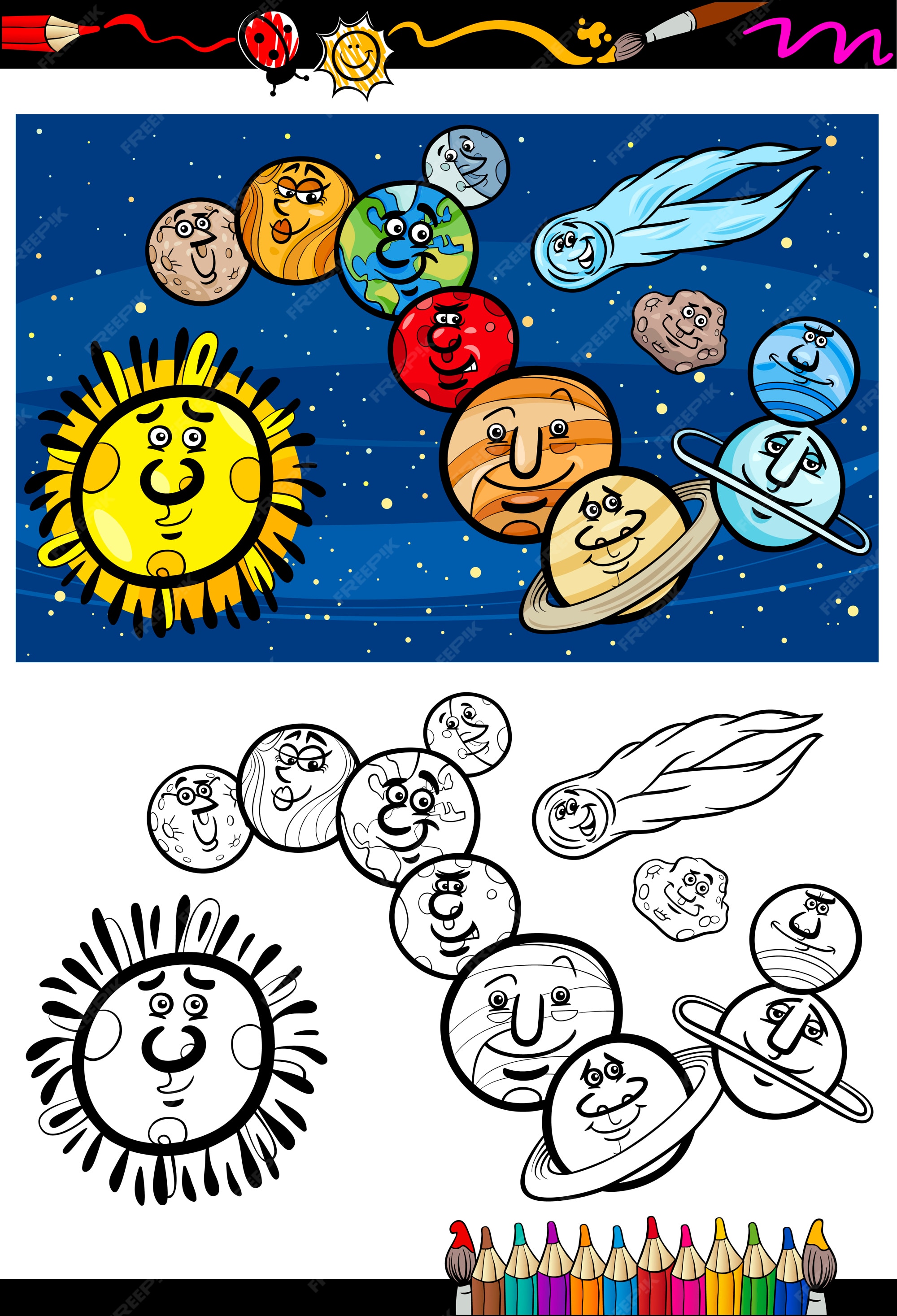 Libro de colorear de dibujos animados del sistema solar | Vector Premium