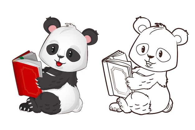 Libro para colorear divertido panda sosteniendo un libro en sus manos Ilustración vectorial en estilo de dibujos animados