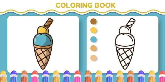 Libro de colorear de doodle de dibujos animados dibujados a mano de helado colorido y blanco y negro para niños