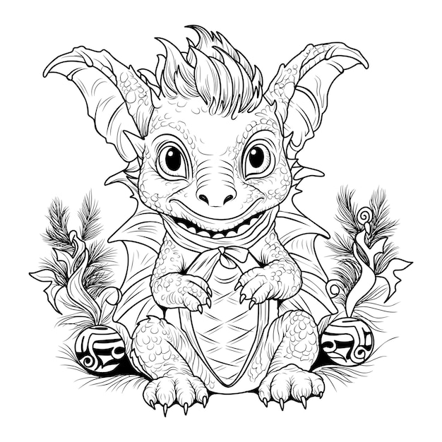 Libro para colorear dragón Página para colorear ilustración de línea simple de un pequeño dragón lindo en estilo de dibujos animados Símbolo de 2024