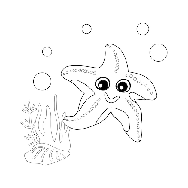 Libro de colorear estrellas de mar con burbujas y algas en el océano para carteles impresos en la ropa