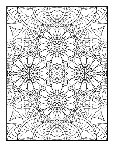 Libro de colorear floral para adultos e ilustración de mandala floral con ilustración de flor dibujada a mano