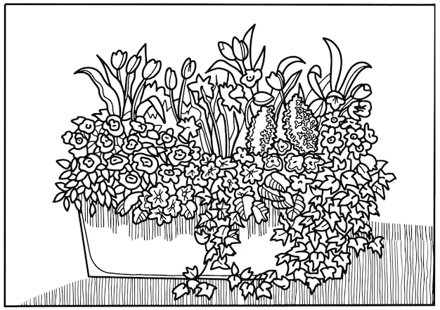 Libro para colorear con flores de jardín Línea de arte Terapia de arte Fondo vectorial en blanco y negro