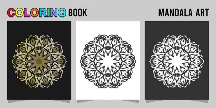 Vector libro de colorear forma de mandala aislado en fondo blanco y negro acompañado de contorno de color