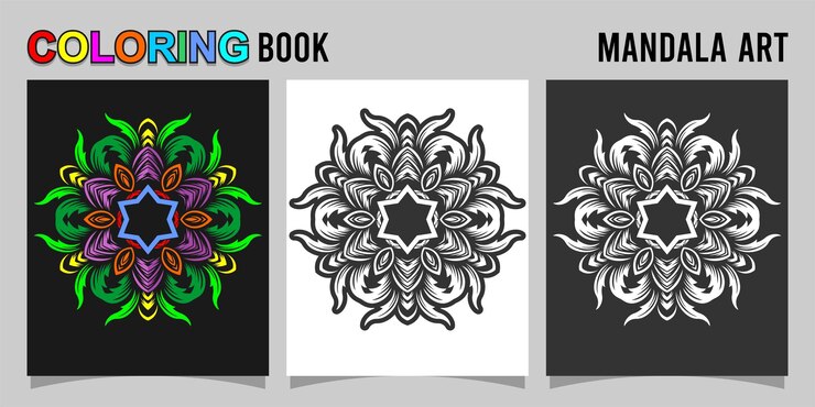 Vector libro de colorear forma de mandala aislado en fondo blanco y negro acompañado de contorno de color