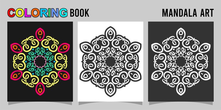 Vector libro de colorear forma de mandala aislado en fondo blanco y negro acompañado de contorno de color