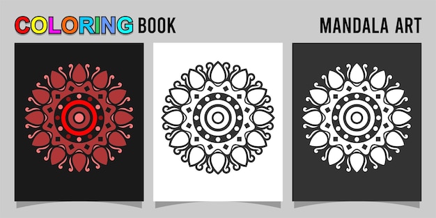 libro de colorear forma de mandala aislado en fondo blanco y negro acompañado de contorno de color