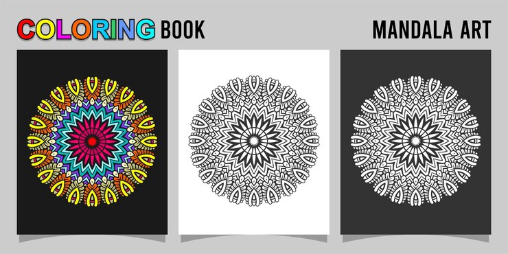 Vector libro de colorear forma de mandala aislado en fondo blanco y negro acompañado de contorno de color