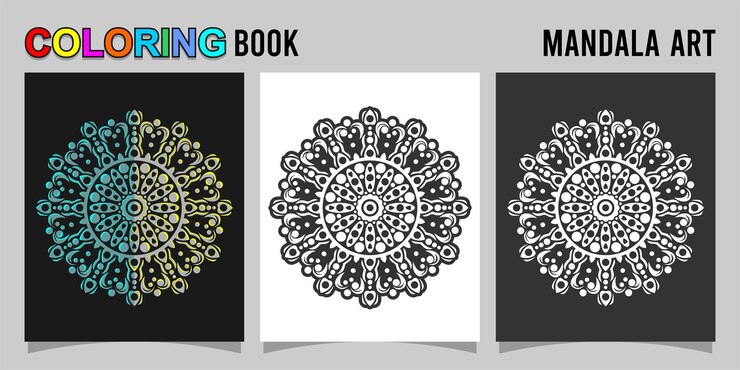 Vector libro de colorear forma de mandala aislado en fondo blanco y negro acompañado de contorno de color