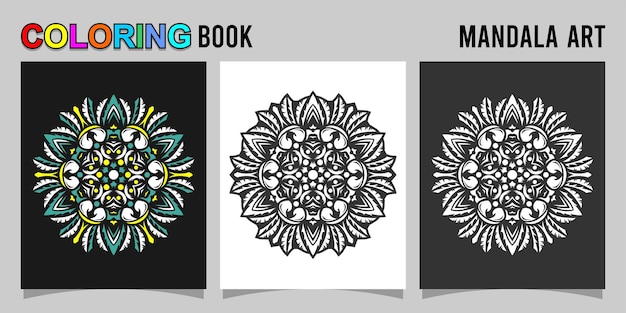 libro de colorear forma de mandala aislado en fondo blanco y negro acompañado de contorno de color