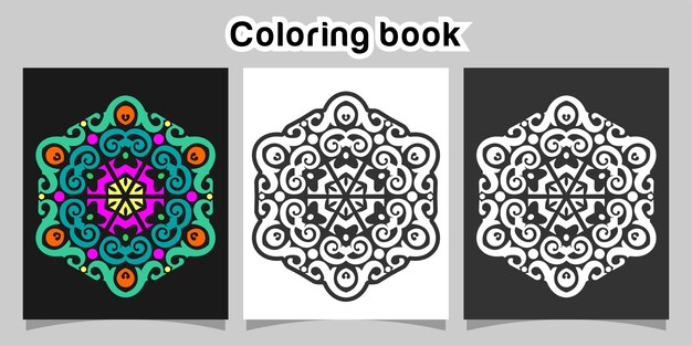 libro de colorear forma de mandala aislado en fondo blanco y negro acompañado de contorno de color