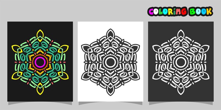 Vector libro de colorear forma de mandala aislado en fondo blanco y negro acompañado de contorno de color