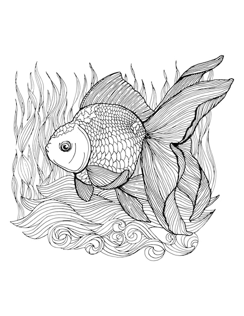 Vector libro para colorear goldfish y página para colorear antiestrés para niños y adultos negro sobre blanco