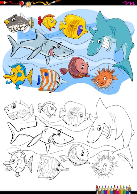 Libro de colorear de grupo de personajes animales de peces