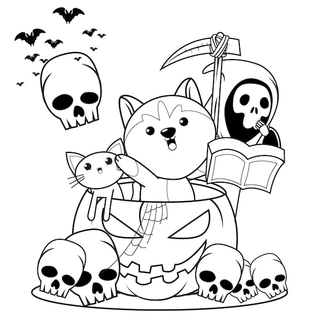 Vector libro para colorear de halloween con lindo husky25