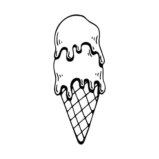Libro para colorear helado Postre de verano frío cono de gofre Ilustración de arte de línea dibujada a mano Página para colorear para niños y adultos