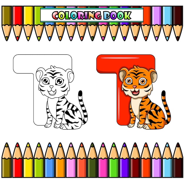 Libro para colorear ilustración de la letra t para tigre