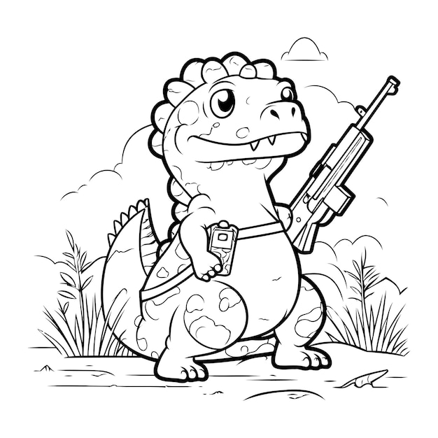 Libro para colorear ilustración de un lindo dinosaurio sosteniendo un rifle
