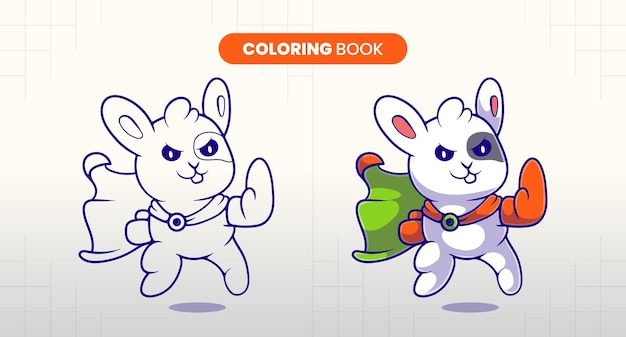 Libro de colorear de ilustración de superhéroe de conejito lindo dibujado a mano para que los niños completen