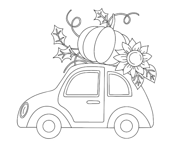 Libro para colorear Ilustración vectorial en estilo doodle Composición linda de Acción de Gracias Coche de calabaza