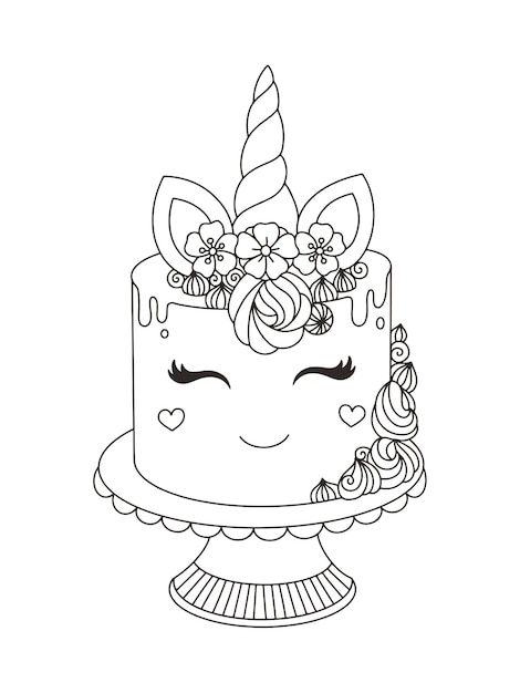 Libro para colorear imprimible de pastel de unicornio para niños ilustración vectorial con estilo de dibujo dibujado a mano