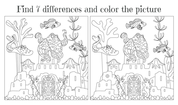 Libro para colorear infantil encuentra las siete diferencias paisaje submarino