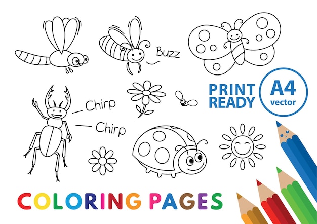 Libro de colorear de insectos divertidos. Páginas de libros para colorear de vectores para la educación de los niños