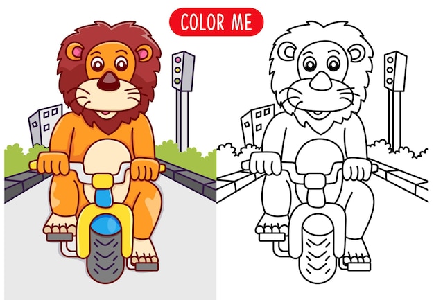 libro para colorear con león montando una bicicleta ilustración