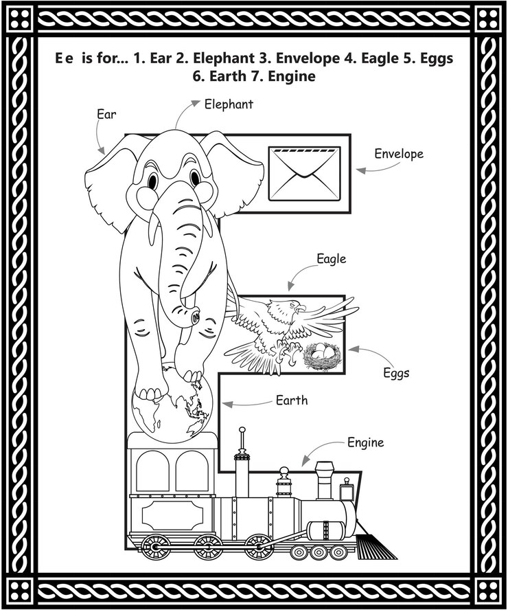 Libro para colorear de letras del alfabeto E con hoja de trabajo de actividades de aprendizaje de vocabulario de dibujos animados para niños