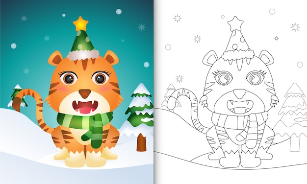 Libro para colorear con una linda colección de personajes navideños de tigre con sombrero y bufanda