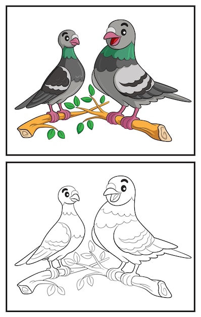 Libro para colorear linda pareja de palomas página para colorear y colorido personaje de imágenes prediseñadas dibujos animados vectoriales