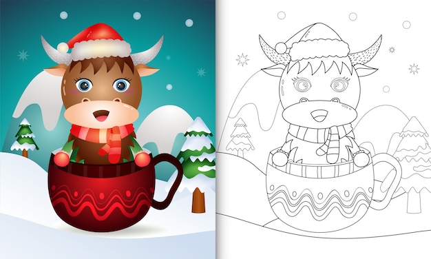 Libro para colorear con un lindo búfalo personajes navideños