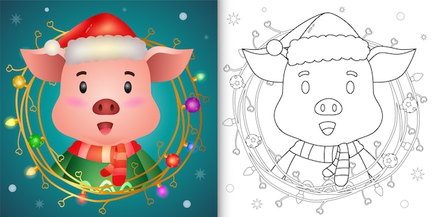 Libro para colorear con un lindo cerdo con decoración de ramitas navidad