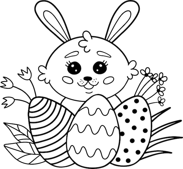 Libro para colorear con un lindo conejo de pascua de un dibujo animado con huevos y flores libro para pintar