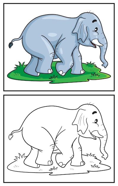 Vector libro para colorear lindo elefante. página para colorear y colorido personaje de imágenes prediseñadas. dibujos animados de vectores.