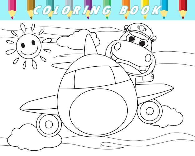 Libro para colorear de lindo hipopótamo en avión Vector ilustración de dibujos animados
