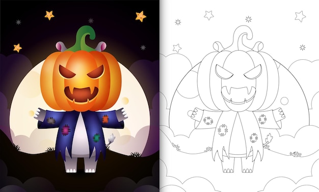 Libro para colorear con un lindo hipopótamo con disfraz de espantapájaros y calabaza halloween