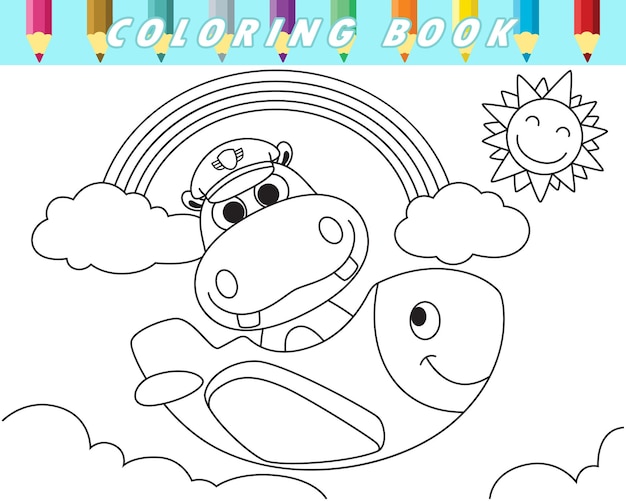 Libro para colorear de lindo hipopótamo en divertido avión Vector ilustración de dibujos animados
