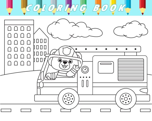 Libro para colorear de lindo oso conduciendo camión de bomberos en la carretera de la ciudad Vector ilustración de dibujos animados
