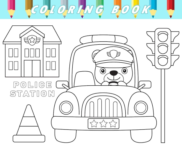 Libro para colorear de lindo oso policía en coche de policía con elemento de tráfico Vector ilustración de dibujos animados