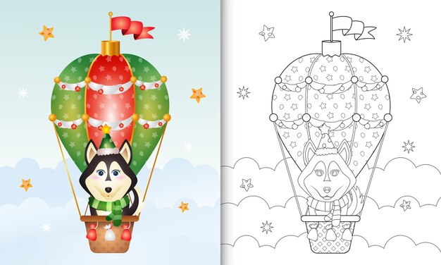 Libro para colorear con un lindo perro husky personajes navideños en globo aerostático