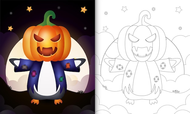 Libro para colorear con un lindo pingüino con disfraz de espantapájaros y calabaza halloween