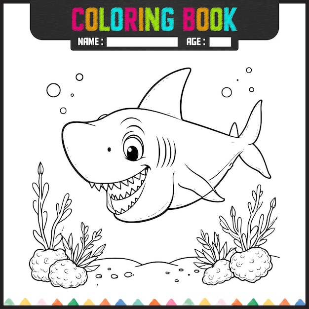 Libro para colorear Un lindo tiburón bebé nadando con el arrecife de coral en el océano