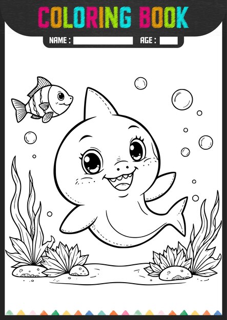 Libro para colorear Un lindo tiburón bebé nadando con el arrecife de coral en el océano